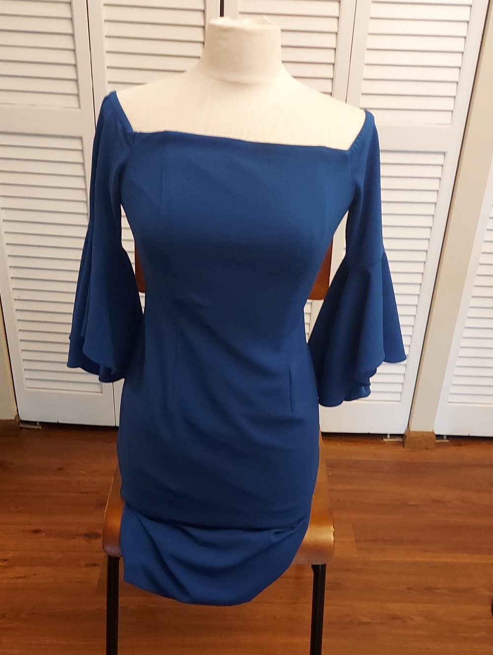 Calvin Klein Off-Shoulder Blue Flounce Sleeve Dress